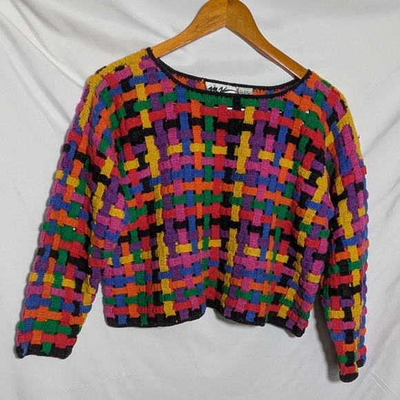 Women's Vintage '80s Colorful Cropped Basket Weave Woven Sweater, One Size,‎ - Picture 1 of 13